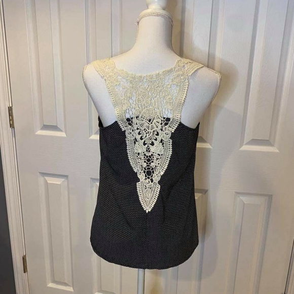 Skies Are Blue Tops - Black Polka Dot and Crochet Lace Racerback Blouse